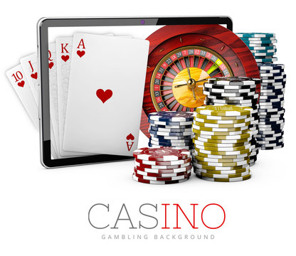 Casino Chips with Tablet, online casino concept, 3d Illustration isolate black