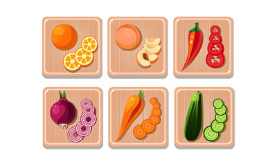 Flat vector set of vegetables and fruits with slices on wooden boards. Orange and peach, pepper, onion, carrot and cucumber