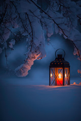 Candle lantern under the snowy branches at dusk. Christmas time in a wintery garden. © ekim