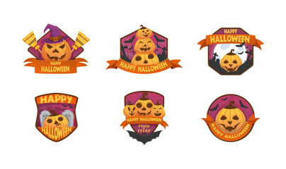 Set of cartoon style Happy Halloween labels