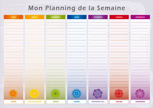 Planning de la Semaine Universel - Chakras correspondant aux Jours de la Semaine - Couleurs Arc-en-ciel - Fran&ccedil;ais