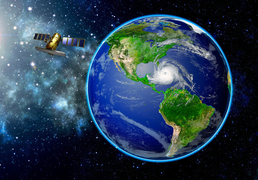 satellite observing the development of a tropical hurricane approaching the US. Elements of this image are furnished by NASA.