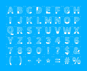Architectural sketches of latin letters. White blueprint style font on blue