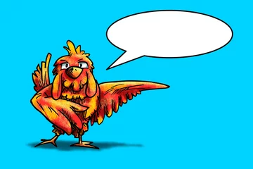 Fotobehang Vogel wijst naar rechts en vertelt iets. Cartoon illustratie van kip of andere vogel © emieldelange