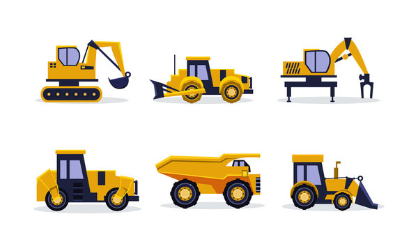 Flat vector set of heavy machinery for building. Construction equipment. Yellow excavator, tractor, dump truck, backhoe loader