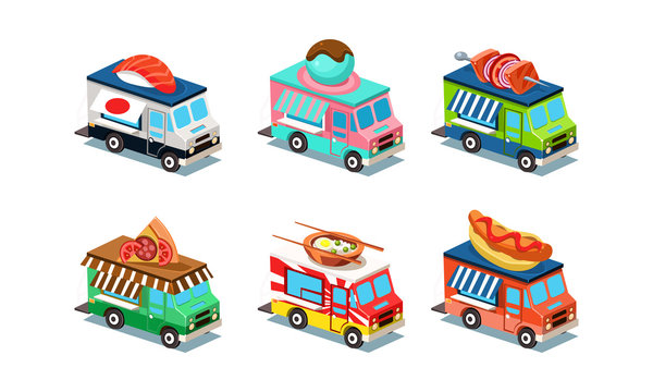 Set of food trucks in modern 3D style. Vans with Japanese cuisine, ice-cream, pizza, hot dog and barbecue. Flat vector design