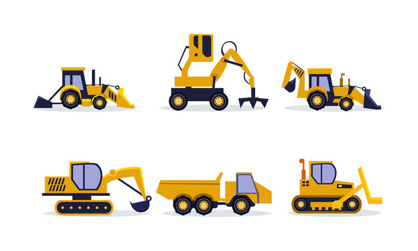 Flat vector set of construction equipment. Excavator, backhoe loader, rock truck. Heavy machinery for building