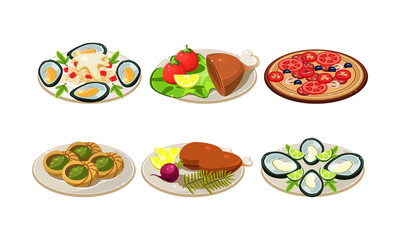 Isolated flat vector set of appetizing dishes. Plates with tasty food. Pizza, mussels and chicken legs