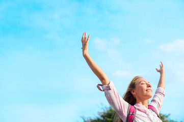 beautiful happy travelling girl enjoying sun