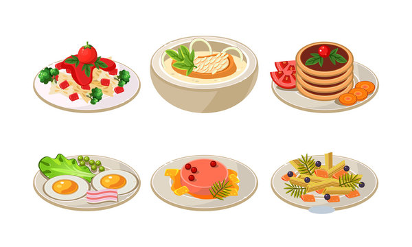 Flat vector set of plates with tasty food. Appetizing dishes for breakfast and dinner. Delicious meal