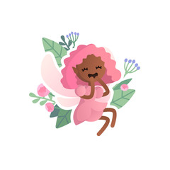 Vector little cartoon winged fairy, baby elf pink color, with floral background, isolated
