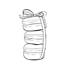 Stack of macaron with ribbon and bow, macaroon almond cakes, sketch style vector illustration isolated on white background. Stack, pile of almond macaron, macaroon biscuits, sweet beautiful dessert