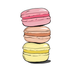 Stack of colorful macaron, macaroon cakes, sketch style vector illustration isolated on white background. Stack, pile of colorful almond macaron, macaroon biscuits, sweet and beautiful dessert