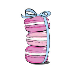 Hand drawn watercolor pile of pink macaron cakes, french pastry dessert. Vector illustration, isolated on white background. Set off macaroons with ribbon bow. Fashion clip art