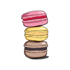 Stack of colorful macaron, macaroon cakes, sketch style vector illustration isolated on white background. Stack, pile of colorful almond macaron, macaroon biscuits, sweet and beautiful dessert