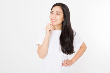 Portrait of smiling Brunette asian girl with long and shiny straight female hair isolated on white background . Beautiful woman korean model with straight hairstyle. Healthy teeth. Copy space.