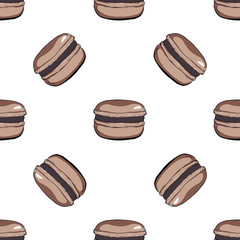 Dessert french coffee colored macaroons or macaron. Hand drawn seamless vector pattern for paper, wrapping, fabrics. Vintage illustration art pastel colors on white background.