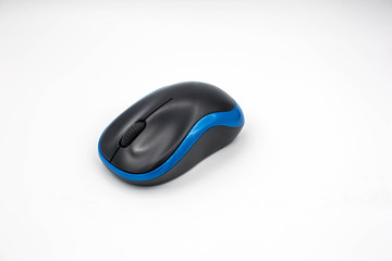 Blue computer mouse on white isolated background.