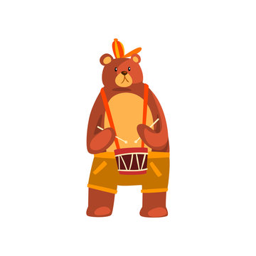 Bear Playing The Drum, Cute Musician Animal Cartoon Character With Musical Instrument Vector Illustration On A White Background