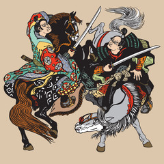 Fototapeta na wymiar Combat of Japanese samurai warriors . Two horsemen soldiers sitting on pony horses and fighting with swords . Vector illustration