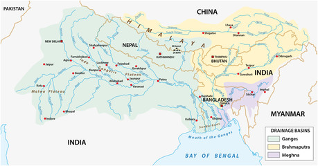 Fototapeta premium vector Map of the combined catchment areas of the Ganges, Brahmaputra and Meghna rivers