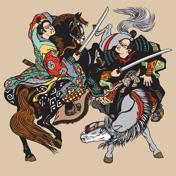 Combat of Japanese samurai warriors . Two horsemen soldiers sitting on pony horses and fighting with swords . Vector illustration