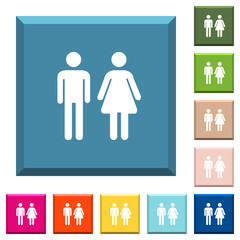 Male and female sign white icons on edged square buttons