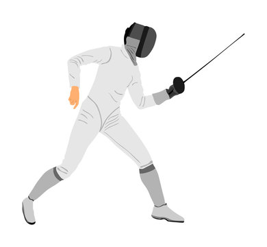 Fencing player portrait vector illustration isolated on white background. Fencing competition event. Sword fighting. Swordplay black shadow. Quick move game. Athlete man art figure.