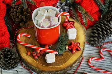 A cup of hot winter drink with marshmallow and cinnamon. New Year's background.