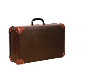 close-up of a old shabby in travel leather suitcase on white background