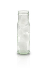 cube ice in cylinder glass bottle isolated on white