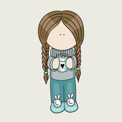 Cute girl doll with a Cup of coffee and marshmallow. Vector image