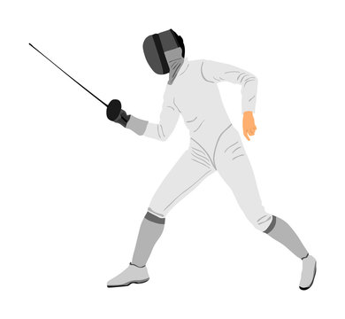 Fencing player portrait vector illustration isolated on white background. Fencing competition event. Sword fighting. Swordplay black shadow. Quick move game. Athlete man art figure.