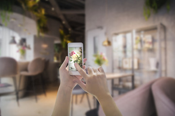 Woman's hand using smartphone take a photo, picture of flowers on wooden table, selective focus and blurred background