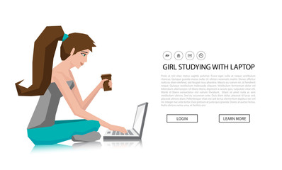 Beautiful girl with laptop in studio. Vector illustration of girl sitting with laptop computer. Woman working on a laptop isolated over a white background