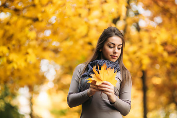 Beautiful autumn woman with autumn leaves on fall nature background. Branch with yellow leaves