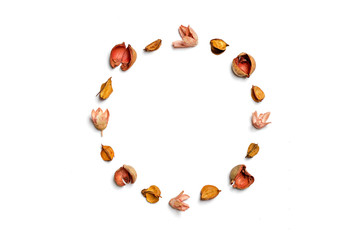 Creative pattern arrangement. Autumn composition made of dried leaves, berries and flower on white background. Flat lay, top view, copy space, empty text,mock up Inscription Autumn sale