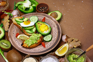 Avocado toast. Seasonal harvest crop local produce concept. Authentic lifestyle image. copy space, top view