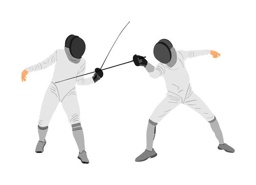 Fencing players vector illustration isolated on background. Fencing duel competition. Sword fighting. Swordplay duel. Quick move game. Athlete man figure. Sportsman in battle. Olympic game discipline.