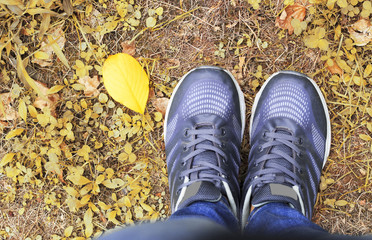 Female legs in sneakers view from above, autumn concept