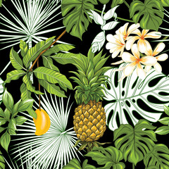 Vector seamless pattern, background with tropical plants © Elen  Lane