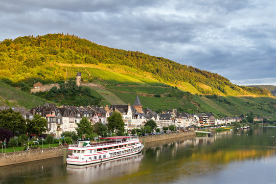 Beautiful wine growing town Zell (an der Mosel) at the river Moselle in Germany, a popular tourist river cruise destination