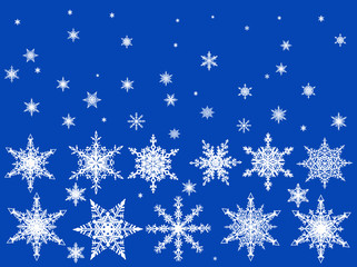 Fototapeta na wymiar small and large white snowflakes on blue