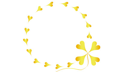 ゴールドの四つ葉のクローバーとハート型の葉っぱの輪