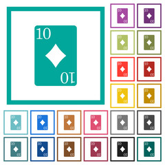 Ten of diamonds card flat color icons with quadrant frames