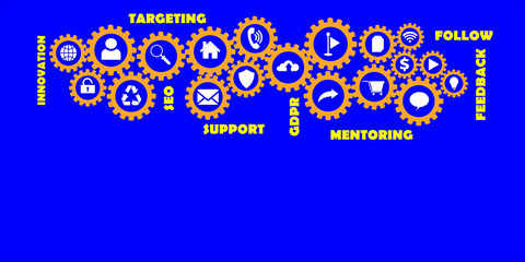 Gears mechanism concept. New internet web technology. Marketing,  strategy, SEO, Targeting, Support tag cloud. Words and icons