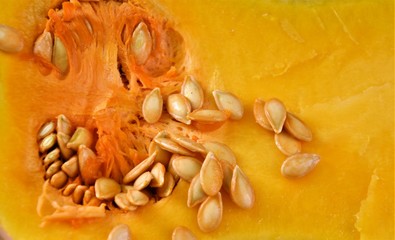 pulp of ripe pumpkin with seeds