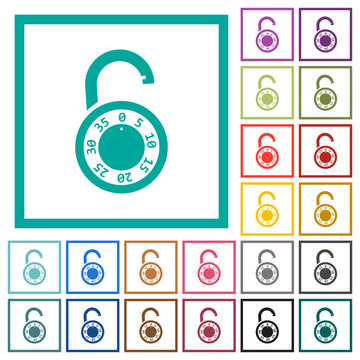 Unlocked round combination lock flat color icons with quadrant frames