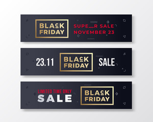 Fototapeta premium Black Friday Stylish Premium Banners Set. Modern Typography Concept. Red, Golden and White Texts with Abstract Decorative Elements, Soft Realistic Shadow Glitter.