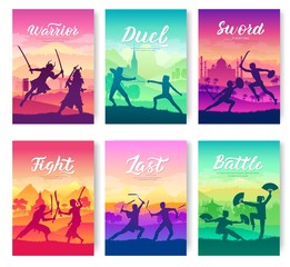 Martial arts of different Nations of the world. Traditional fights with weapons brochure cards set. Fighting style battle nature template of flyear, magazines, poster, books, invitation banners. 